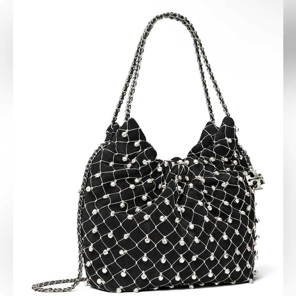 Tory Burch Fleming Mini Bell Embellished Suede Crossbody Bag